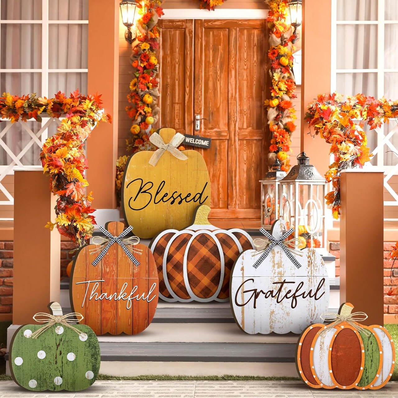 Set of 6 Farmhouse Fall Porch Signs – Outdoor Thanksgiving Decorations, Pumpkin Themed “Thankful, Grateful, Blessed” Welcome Signs for Home and Garden